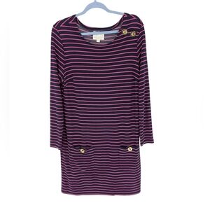 Sail to Sable Womens Striped Long Sleeve Dress Blue Pink Large